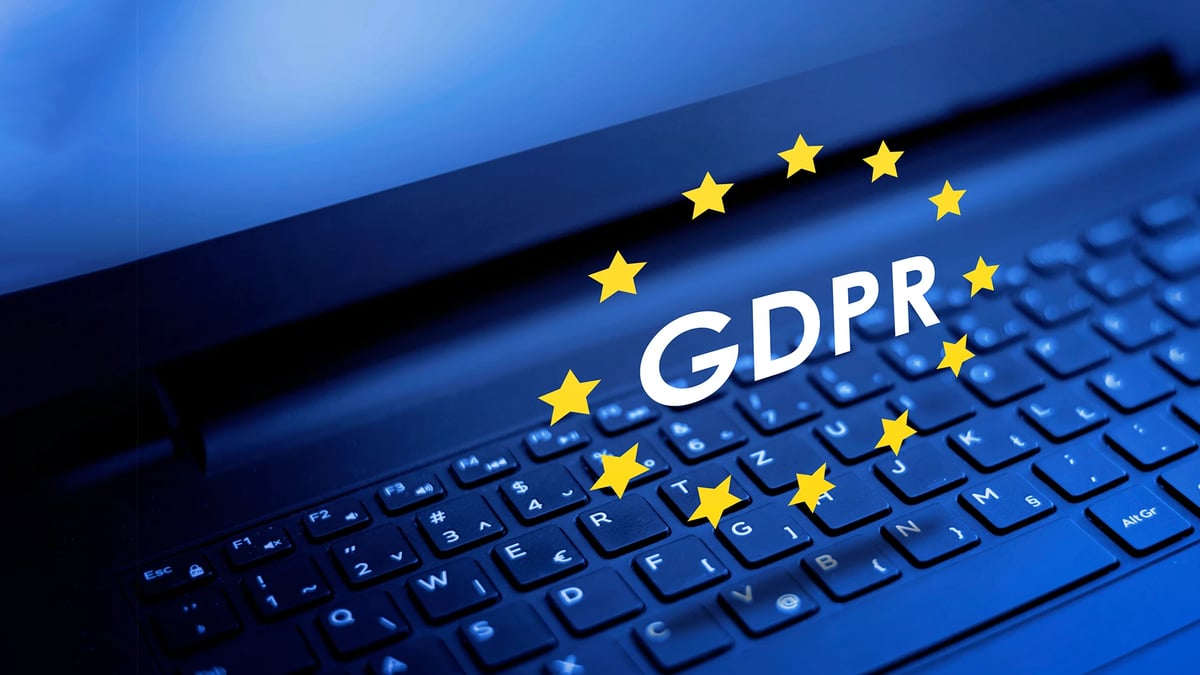 GDPR - Symbol General data protection regulation above laptop keyboard